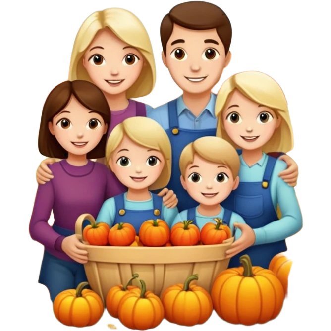 family picking apples and pumpkins together, autumn background, joyful emoji