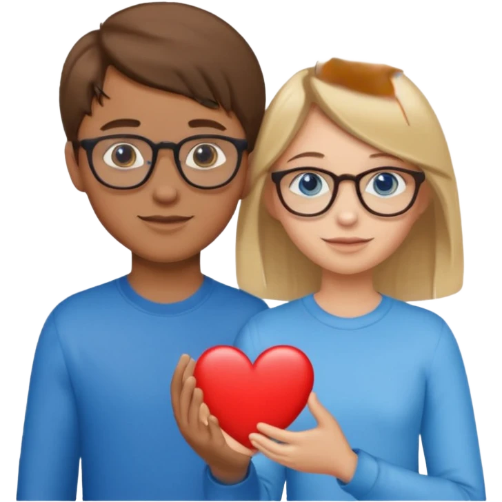 two young lovers, a heart between them, boy with brown hair and glasses, girl blonde with blue eyes without glasses, emoji style emoji
