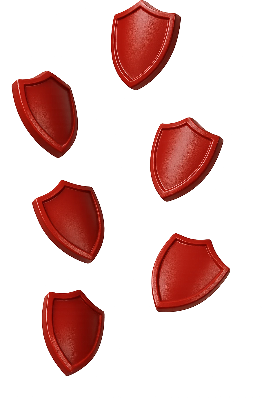 6 scudi 3d rossi che simboleggiano "difesa e protezione", cadono dall'alto casualmente, realistici in 3d, iperrealistico 4k emoji