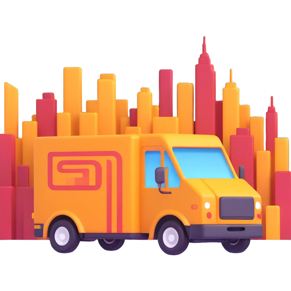 delivery truck with speed lines driving through a modern city, fastest delivery emoji