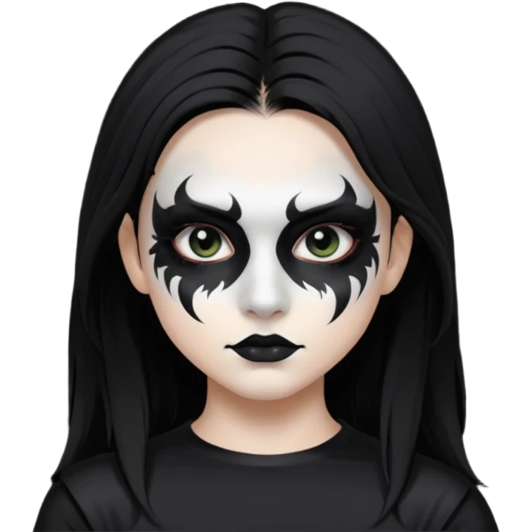 Crea una ragazza con stile black metal,  paint face black metal, capelli neri mossi dalle spalle e occhi bianchi emoji