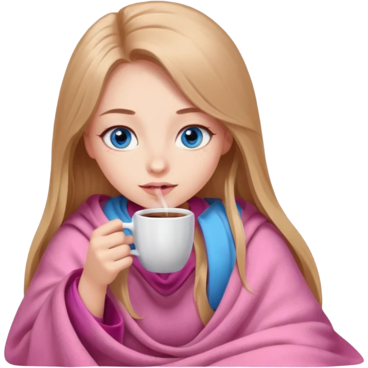 A girl with blue eyes, long eyelashes, very long light brown hair, inside a pink blanket with coffee emoji