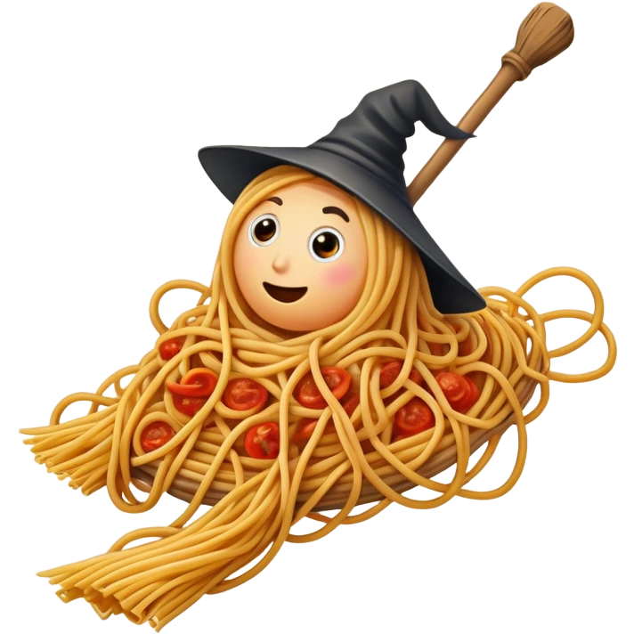 messy spaghetti flying on a broomstick emoji