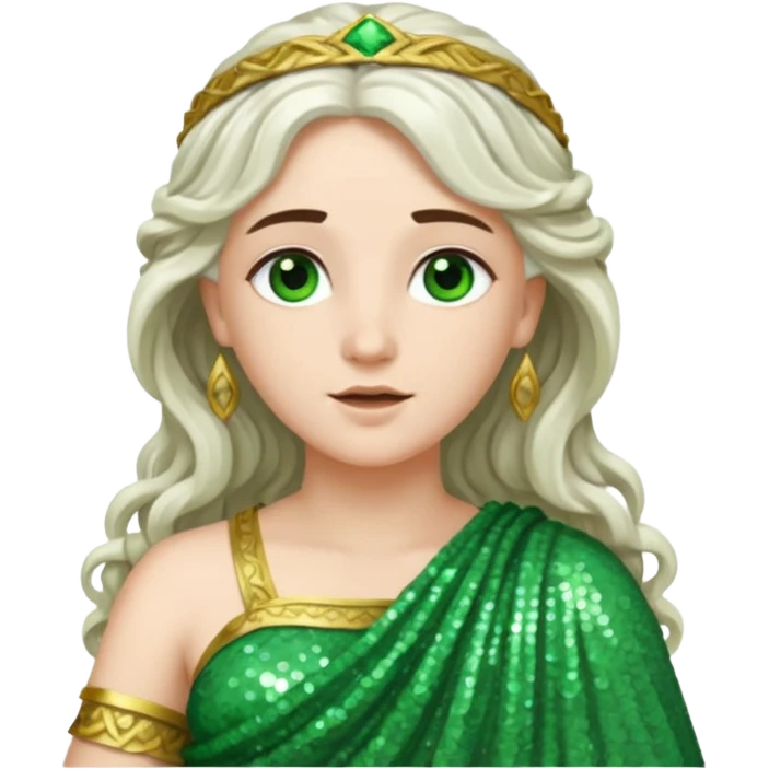 Juno, Goddess of Marriage from Roman Deities with long white brunette wavy hair, green sequin toga emoji
