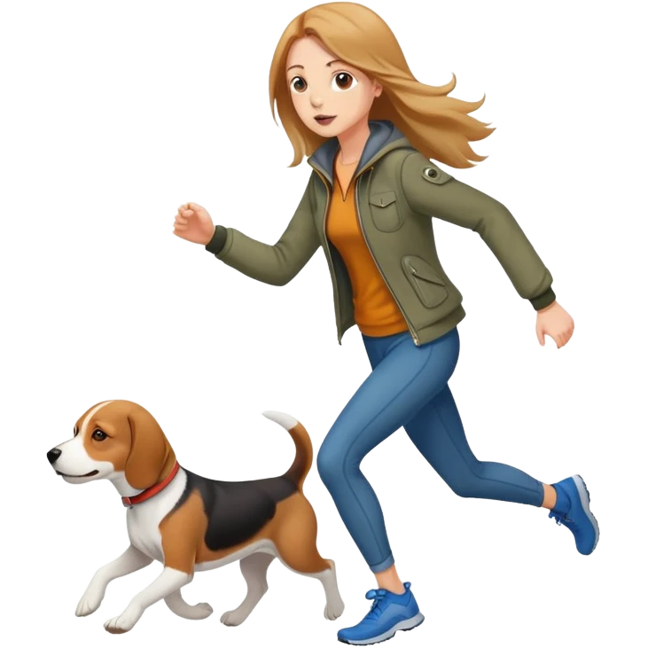 A beautiful tall girl with fair skin and long hair wearing a jacket and running with a beagle emoji