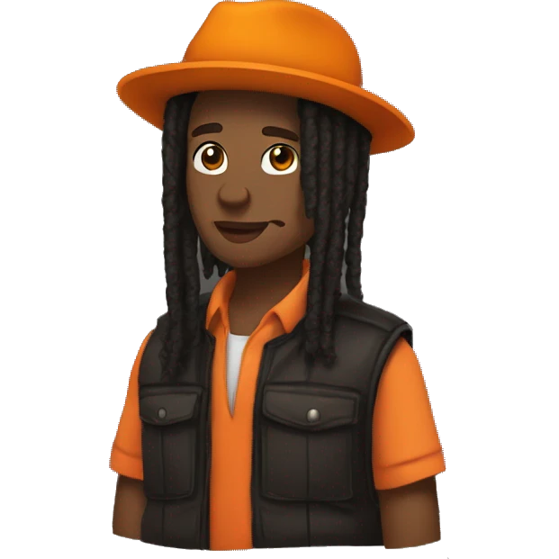 brown African american whit starter dreads and black hat backwards and orange puffer vest emoji