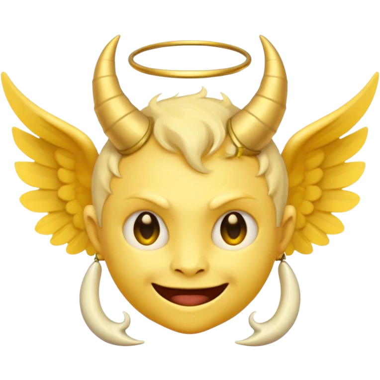 half angel half demon emoji, split face with one side angelic with halo and gentle smile, other side demonic with horn and mischievous grin, classic yellow emoji color emoji