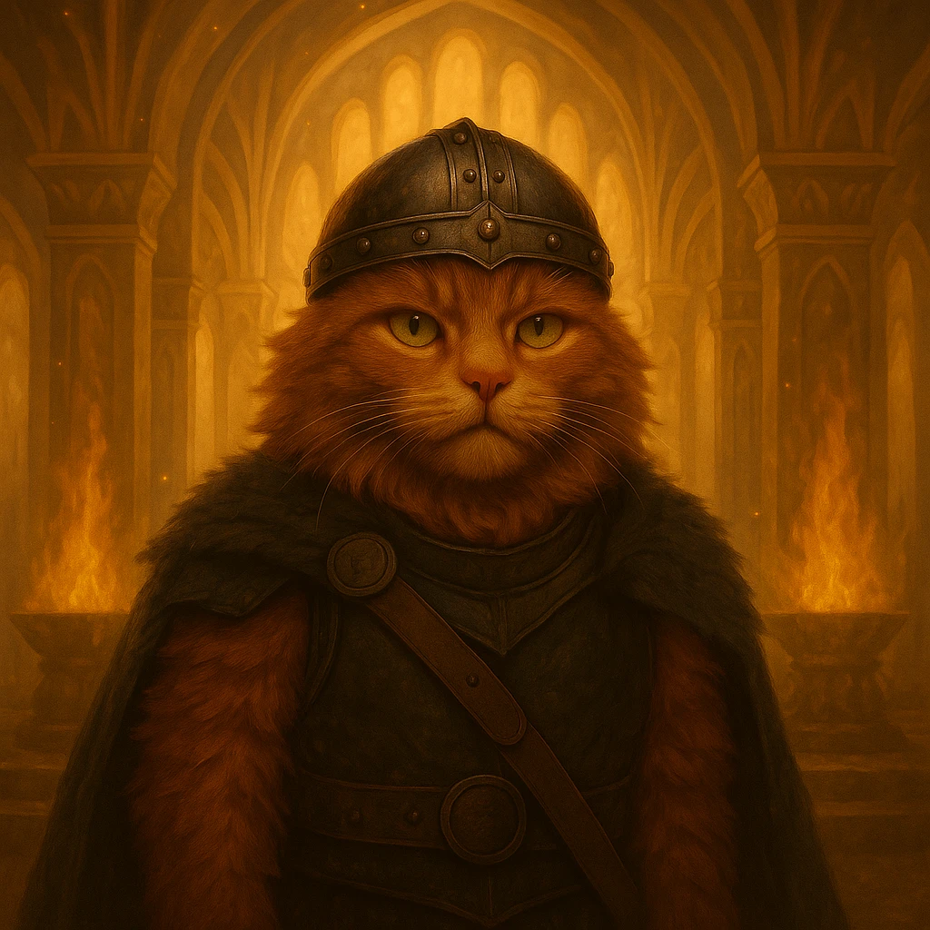 Remove the horns from the Viking helmet on the ginger cat while keeping the Valhalla background intact. Maintain an epic and heroic style for the image. emoji