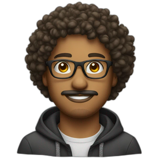 young man curly hair goatee, glasses and mustache emoji