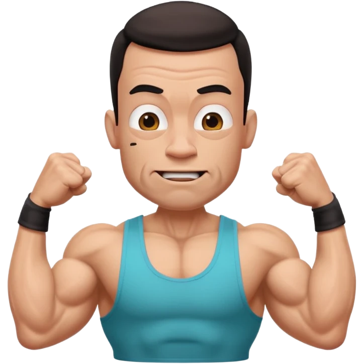 male memoji, goofy ugly bodybuilder, tiny head, oversized arms, wearing cheap tank top, dumb expression, caricature style emoji