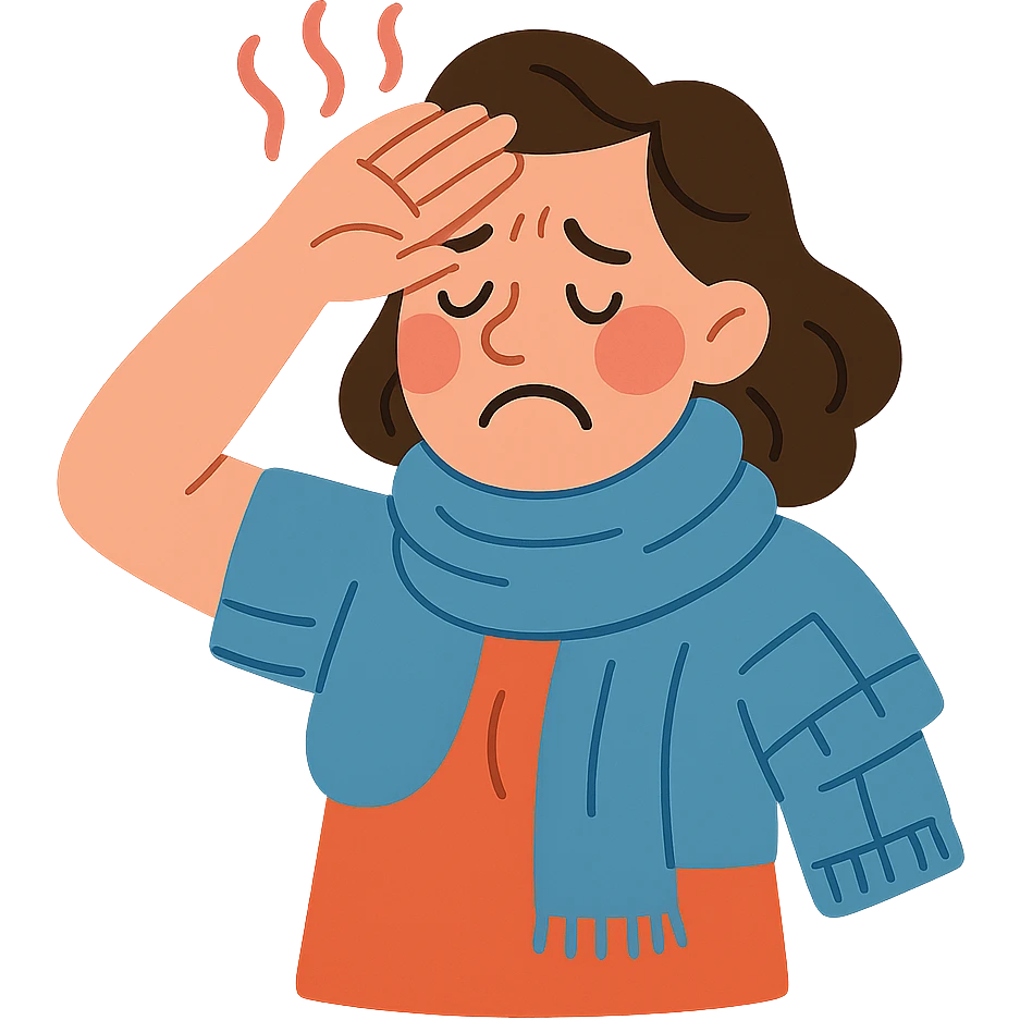 a woman with a warm blush and cool blue scarf, showing menopause hot inside cold outside emoji