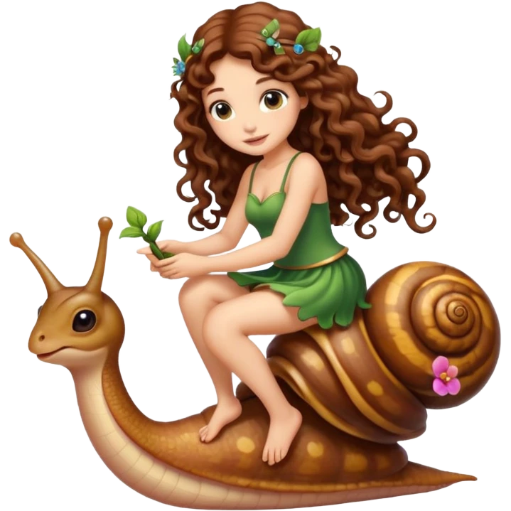cute fairy woman long curly brown hair tattoos riding tiny snail emoji