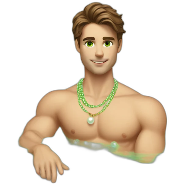 Posh-muscle-boy-brown-hair-green-eyes-pearl-necklace-in-golden-bathtub emoji
