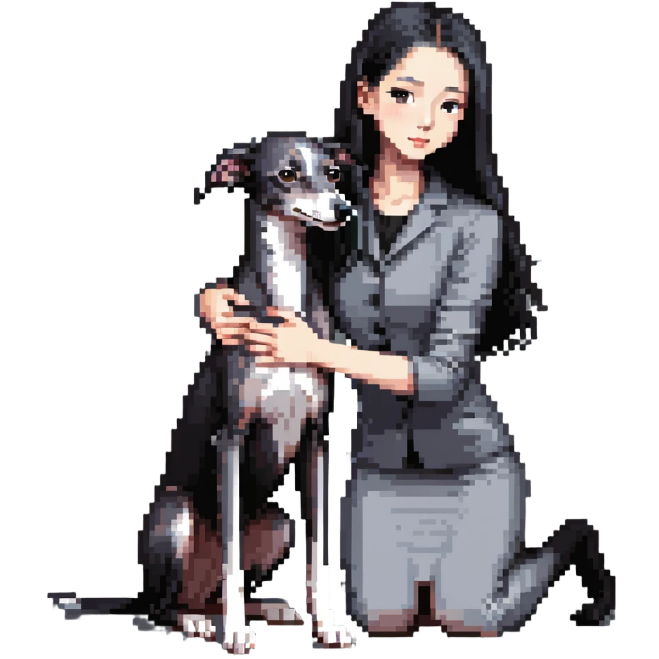Slim Chinese girl with long black hair petting a completely solid dark grey Italian greyhound with absolutely no white anywhere on its body emoji