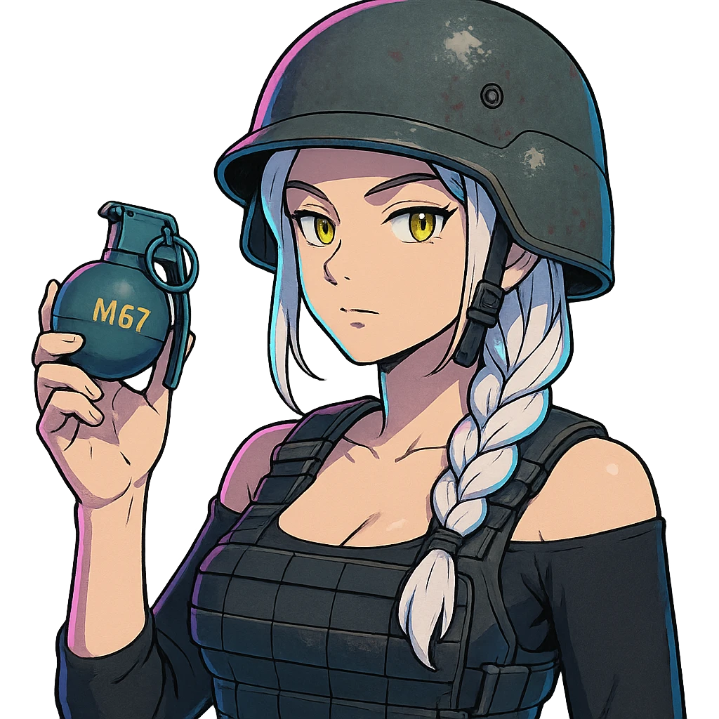  a closeup portrait of young woman with gold yellow eyes, white hair, long braid, black off-shoulder top d-cup, punk gothic style, futuristic cyberwave cyberpunk,  she has a plate carrier armor vest , and a old-style steel bulletproof combat helmet. holding up a m67 hand grenade  emoji