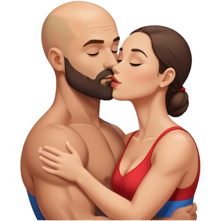 Muscular Bald man with a beard passionately kissing his young fit brunette wife  emoji