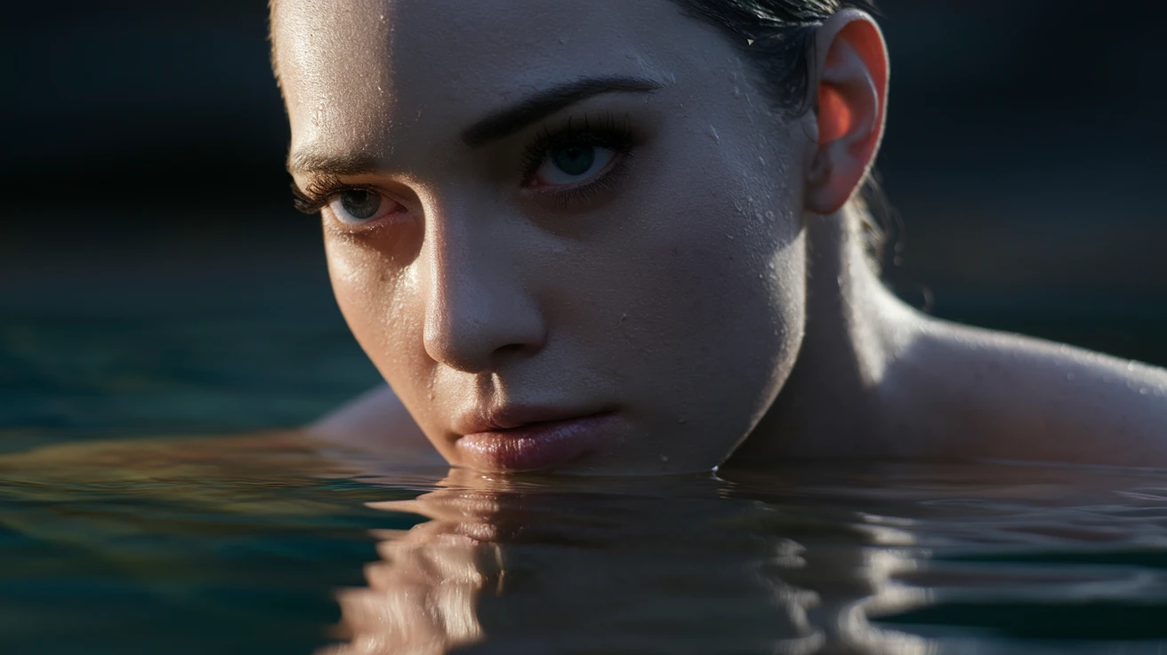 Extreme Closeup photo of a beautifull woman, water light reflection on face, low key light, cinematic light, 8K, very detailed, sharp emoji