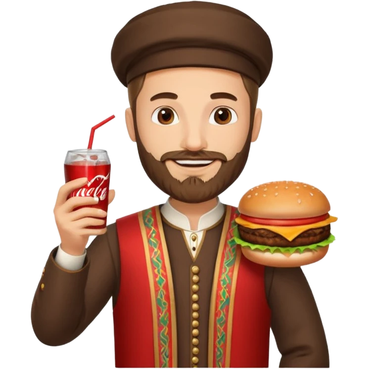 caucasian man with beard and armenian traditional costume, burger in one hand, coke in other emoji