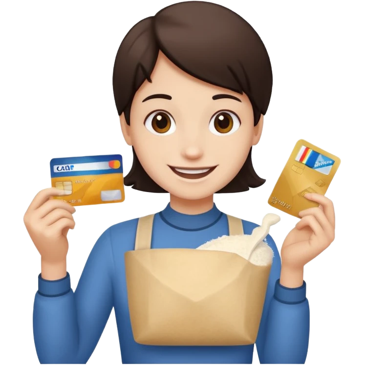 Happy face with credit card in hand and a bit flour emoji