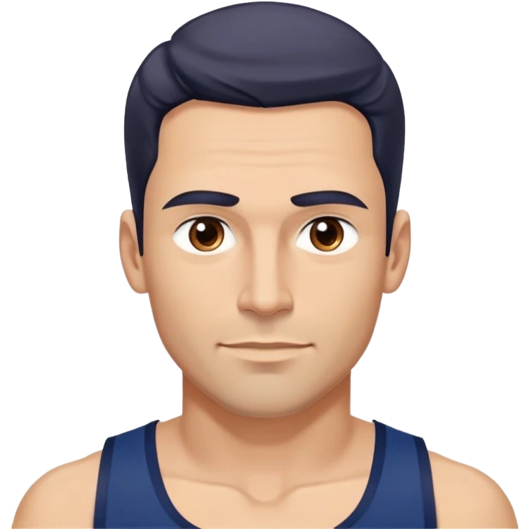 Youthful-looking athletic 40-year-old man with light brown skin, elongated face, defined jawline, attractive features, medium dark eyes, arched eyebrows, straight nose, confident expression, medium wavy dark hair with modern style, wearing a navy blue tank top emoji