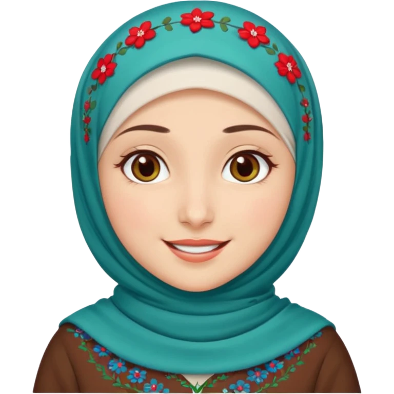 Turkish beautiful finish Konya girl brown eyes white skin with red blue green mini flowers hijab and brown islamic dress and smiles emoji