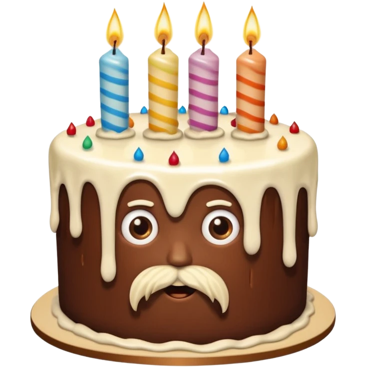 chocolate birthday cake with eyes and thin candles and blond beard emoji