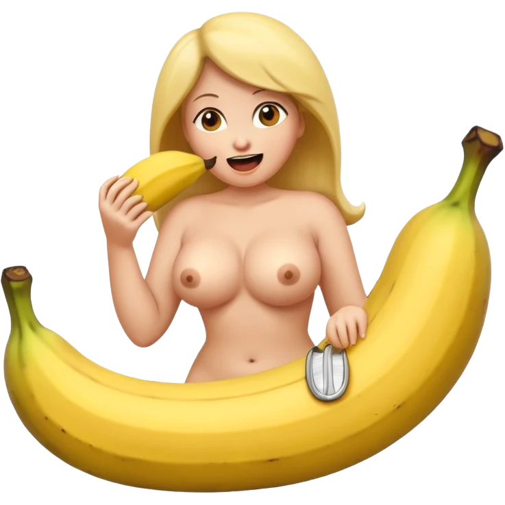 naked big boobed woman with a big banana in her mouth emoji