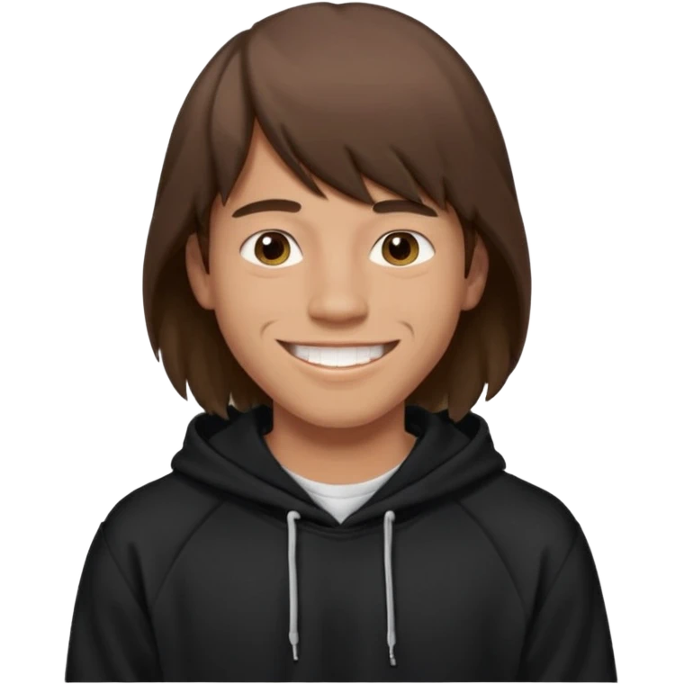 20 yr old man, brown hair, straight, big smile, white teeth, tanned skin, bangs, black hooded sweatshirt, long hair in back, center-parted bangs emoji