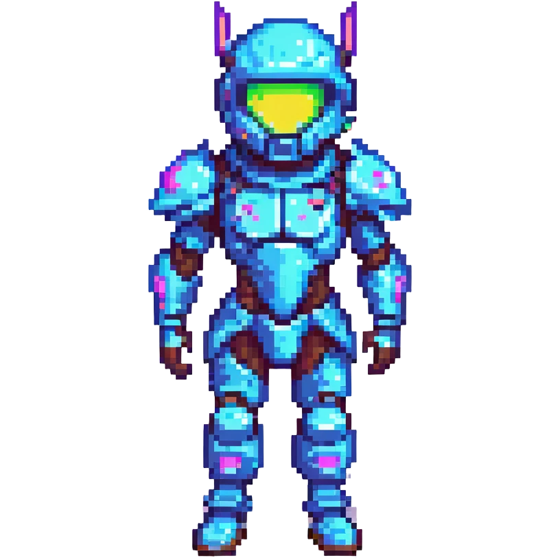 Fortnite-inspired pixel art skin with futuristic armor, neon highlights, playful stance emoji