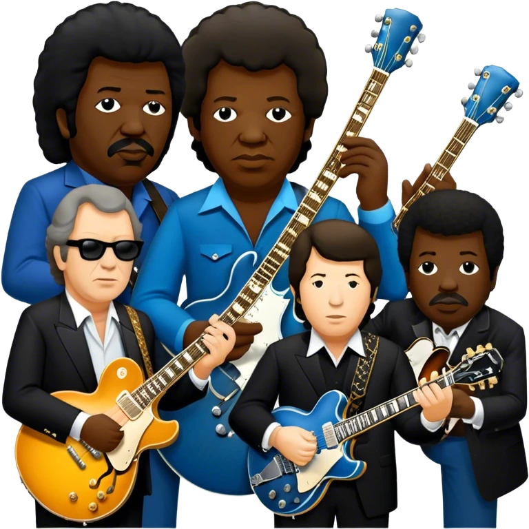 Icon for Blues Music: close-up collage of legendary blues artists. Gary Moore, Eric Clapton, B.B. King and Joe Cocker. Represented by silhouettes or symbolic items like guitars, microphones, or music notes, reflecting the soulful energy of blues music. Transparent background. emoji