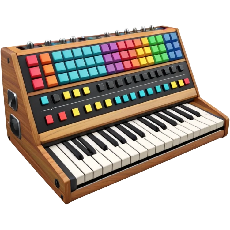 3D render of Synthesizer, vintage 1980s audio equipment aesthetic, tactile analog buttons, black matte keys with colorful rainbow slider knobs, mixed wood grain and brushed aluminum textures, Apple emoji style, isolated on white background --v 6.0 emoji