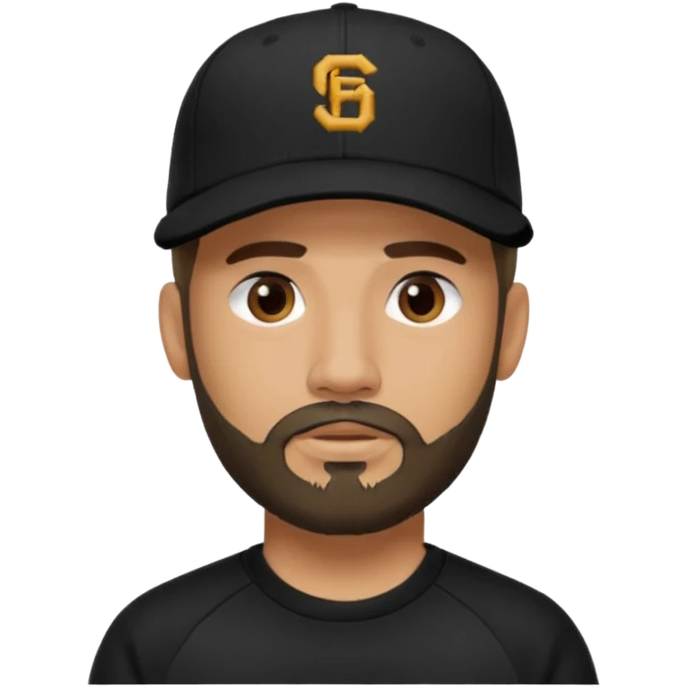 Hombre con la cara blureada, con barba fina y perilla, gorra negra de baseball bordada con un 08, y sudadera negra emoji