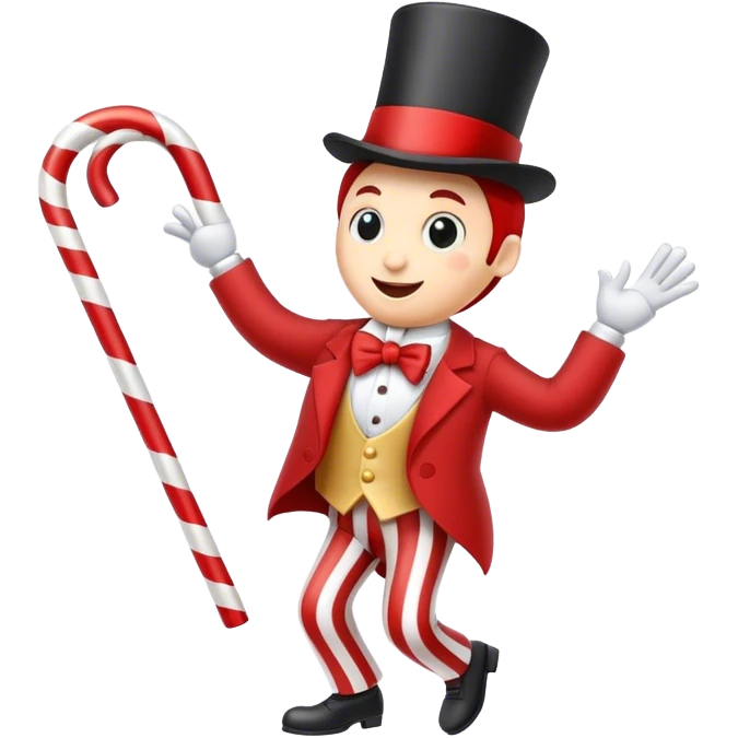 candy cane dancing with a cane and wearing a top hat emoji