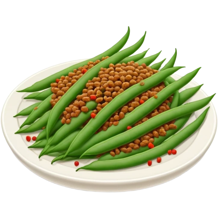 Dry Fried String Beans with minced pork and spices, simplified emoji style with bold outlines and bright colors, cartoon style Gan Bian Si Ji Dou emoji