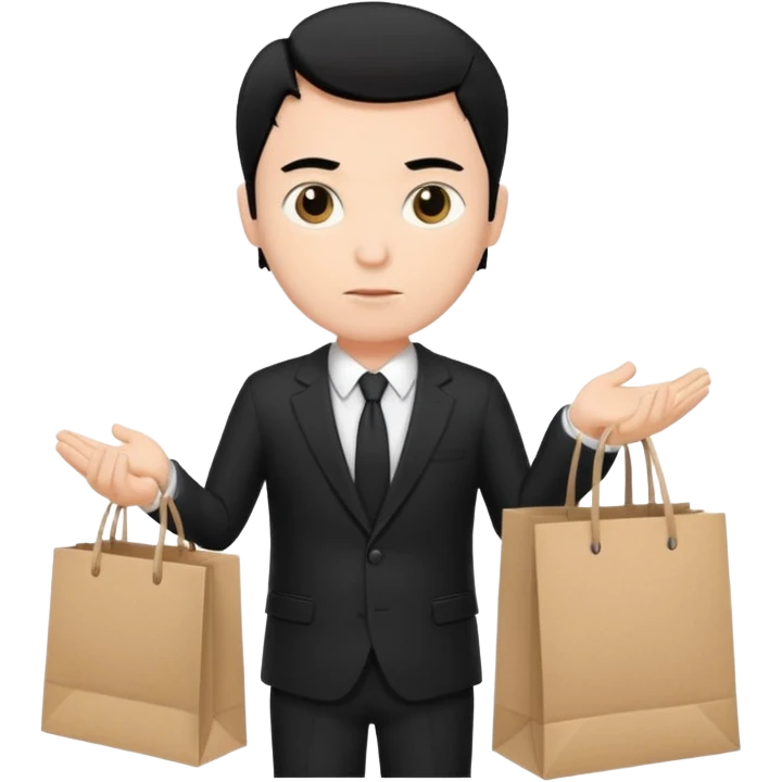 elegant serious man black hair in a black suit with clothing shopping bag emoji