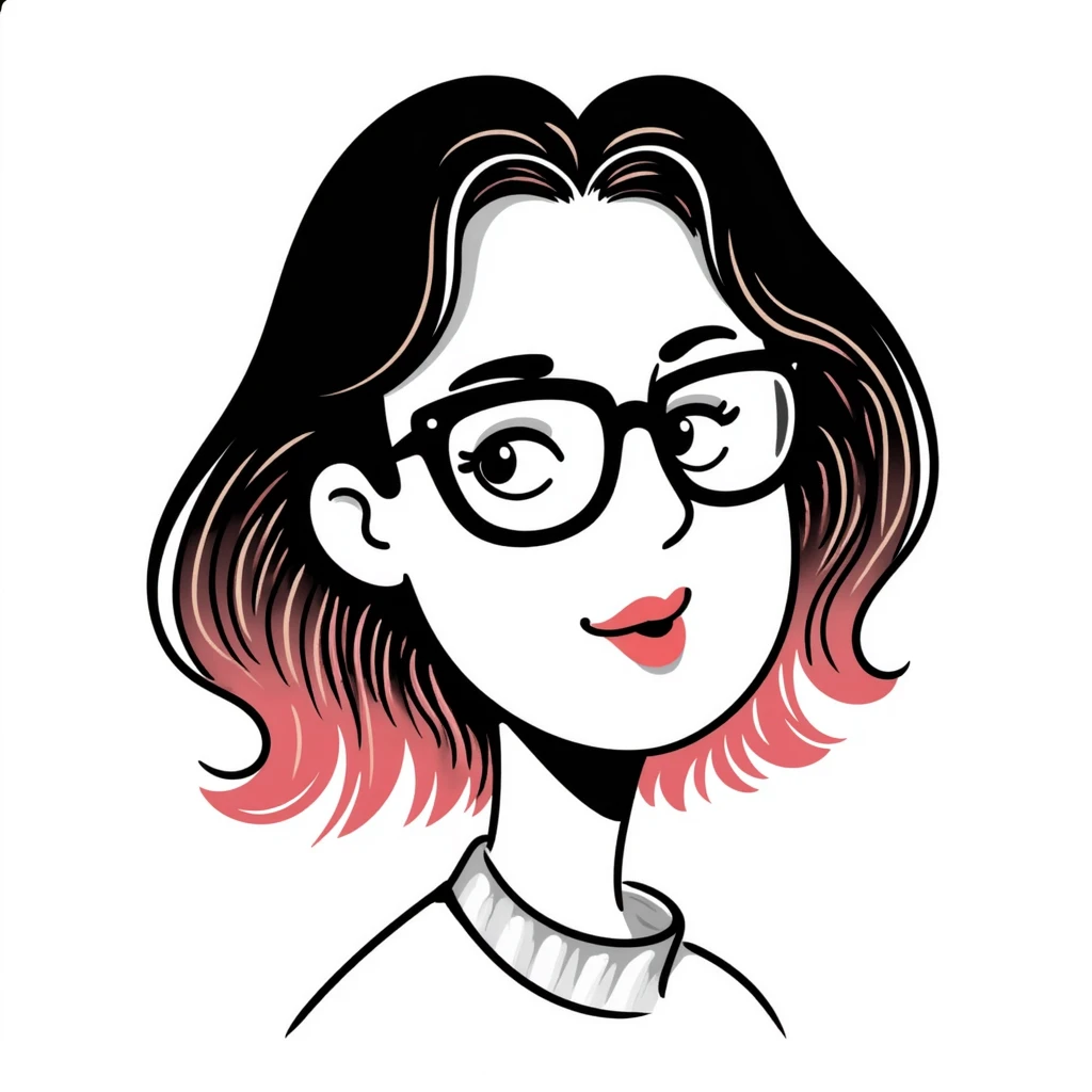 woman with gradient hair from dark to pink with glasses, brown roots, brown eyebrow, flirting emoji