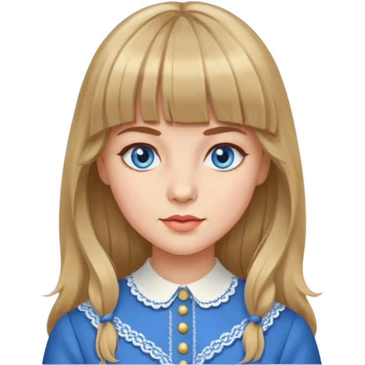 Woman with long dark blond hair and bang, blue eyes, vintage clothe emoji emoji