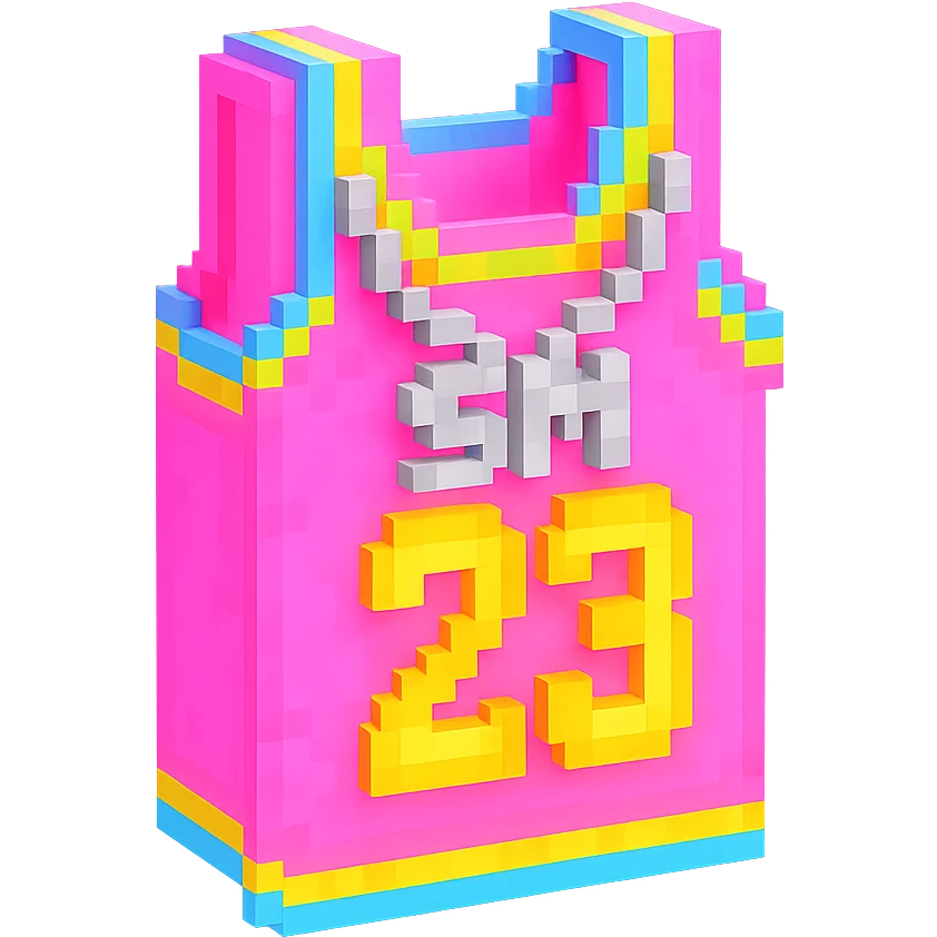 светящейся розовая баскетбольная майка с надписью "23" и серебряная цепь с надписью "SM", no background emoji