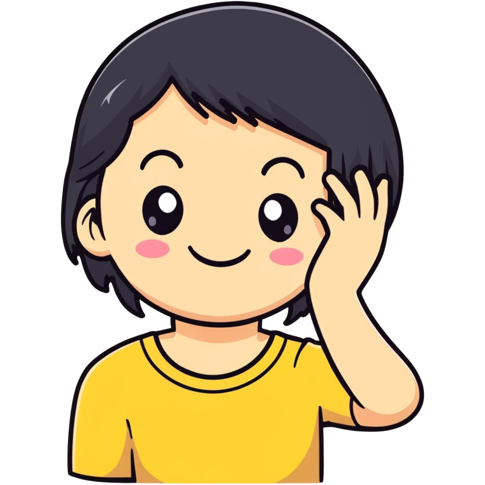 minimalist white smiley with black hair and hand behind head, embarrassed emoji