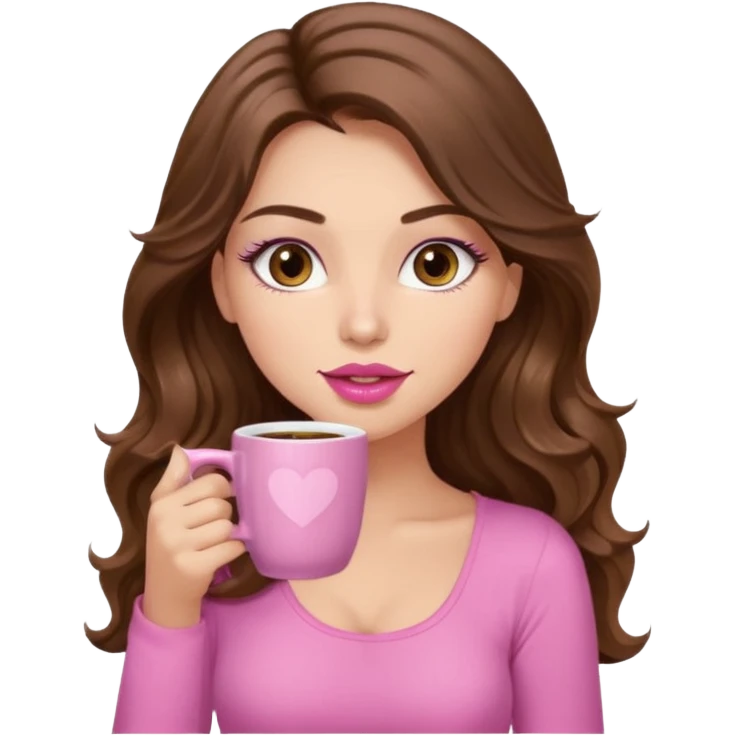 girl with long wavy brown hair, brown eyes, long lashes, pink lips, light to medium complexion, pink sexy top, sipping coffee emoji