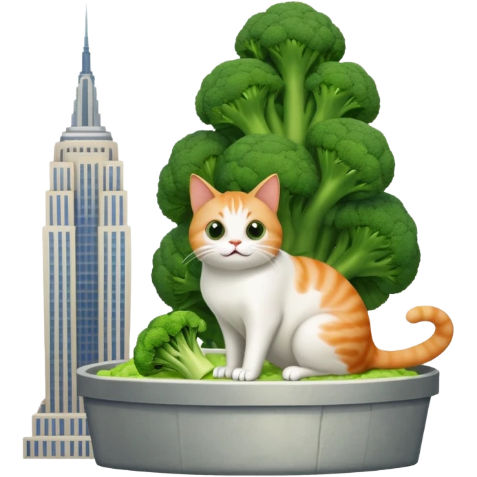 A cat pooping out a gross piece of broccoli onto the Empire State building emoji