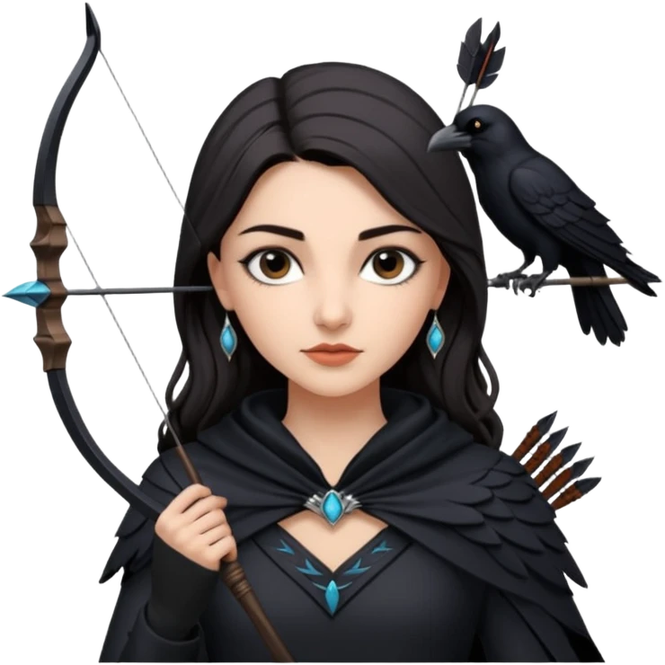 Alysanne Blackwood from Game of Thrones. She is known as black aly and is the Wife of Cregan Stark. I have her looking like Hande Erçel. Show her with a raven and a bow and arrow emoji