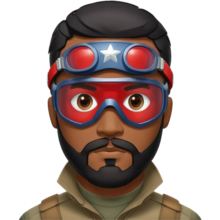 sam wilson with a close to the scalp black hair  and  a well-groomed beard that connects to his mustache,  wear sleek, red-tinted tactical goggles fit snugly from captain america: civil war emoji