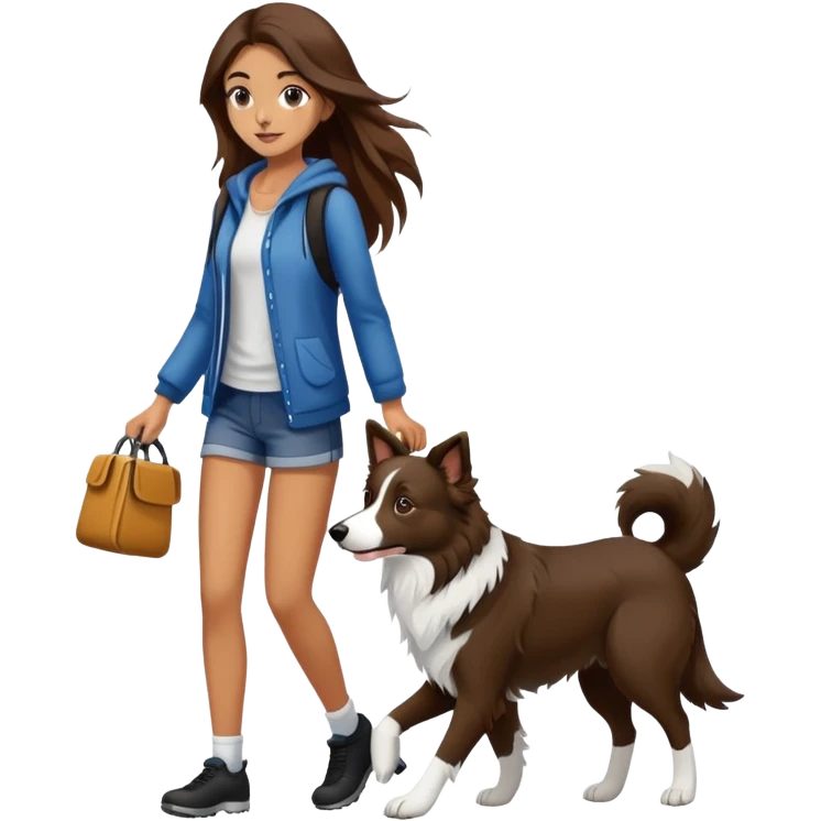  beautiful girl with long brown hair walks a black and white Border Collie emoji