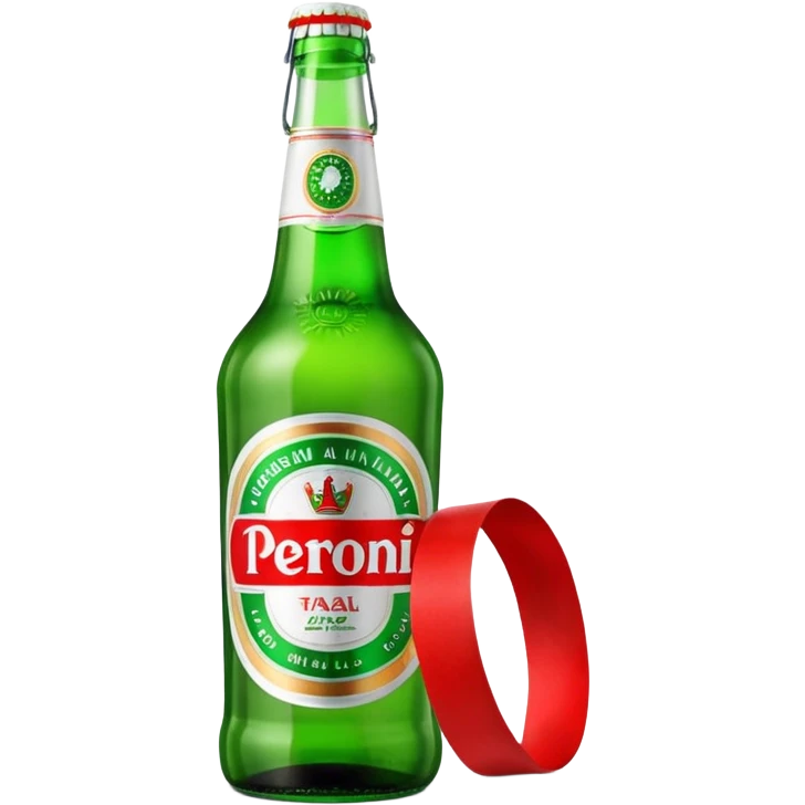Glass bottle Peroni with red marketing tape emoji
