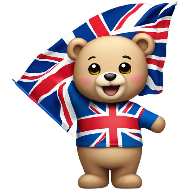 Happy teddy bear wearing a Union Jack shirt, and waving a Union Jack flag emoji