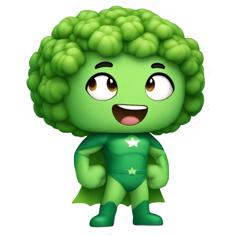 kawaii cute mini superhero with green clothes and a broccolis as hair,  full body saying hello emoji