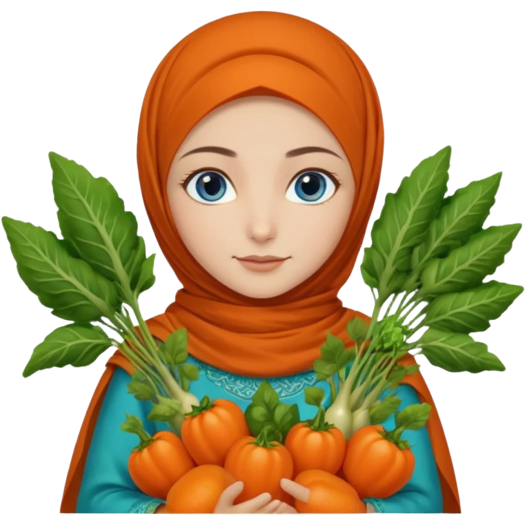Turkish beautiful finish Konya girl blue eyes with garden design orange green hijabi dress and she had on her hand vegetables  emoji