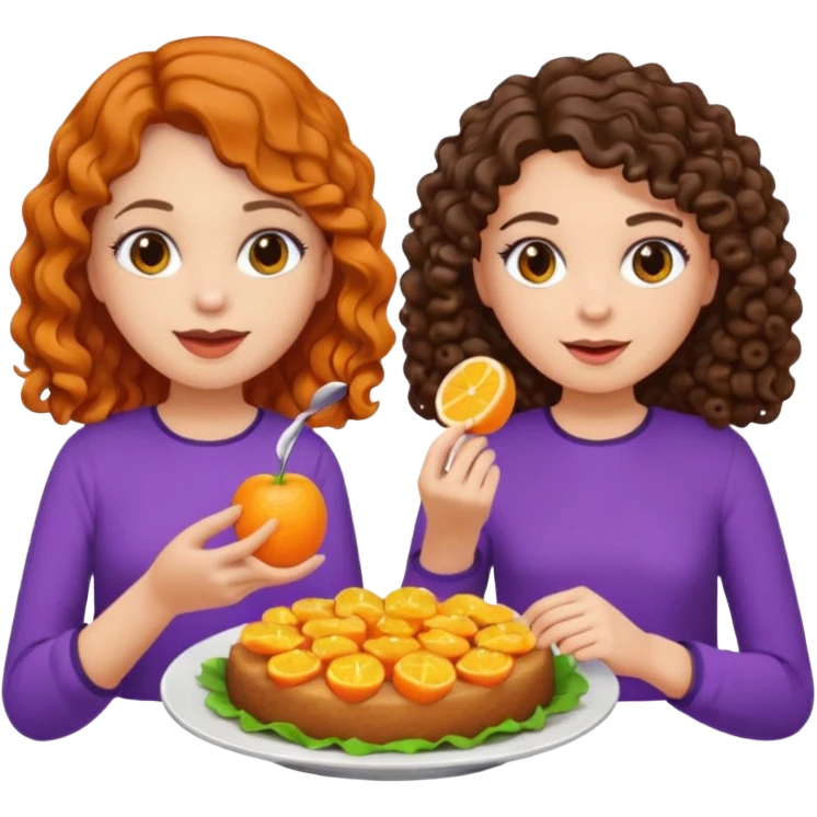 Two girls eating, one brunette with straight hair and another brunette with curly hair, emoji style, first girl has a purple blouse and the second girl has an orange blouse emoji