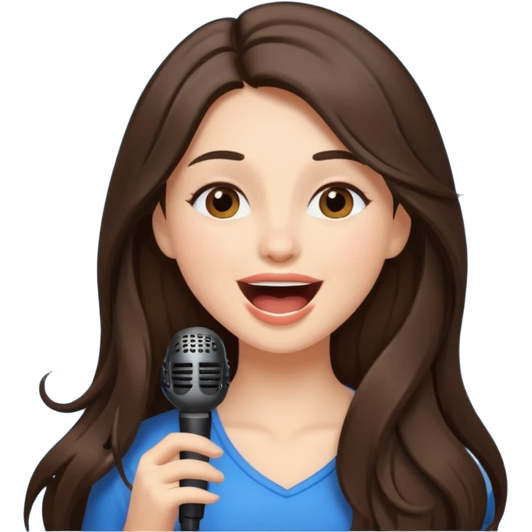 Gorgeous brunette girl with long hair having fun, singing laughing emoji